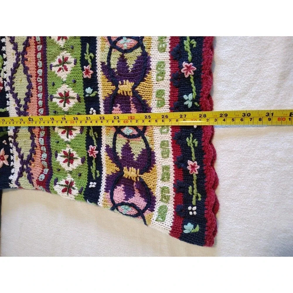 Vtg Boho LARGE Folk Art Knit Sweater Floral Cottage Crochet Trim Artsy Scandi - Picture 5 of 8